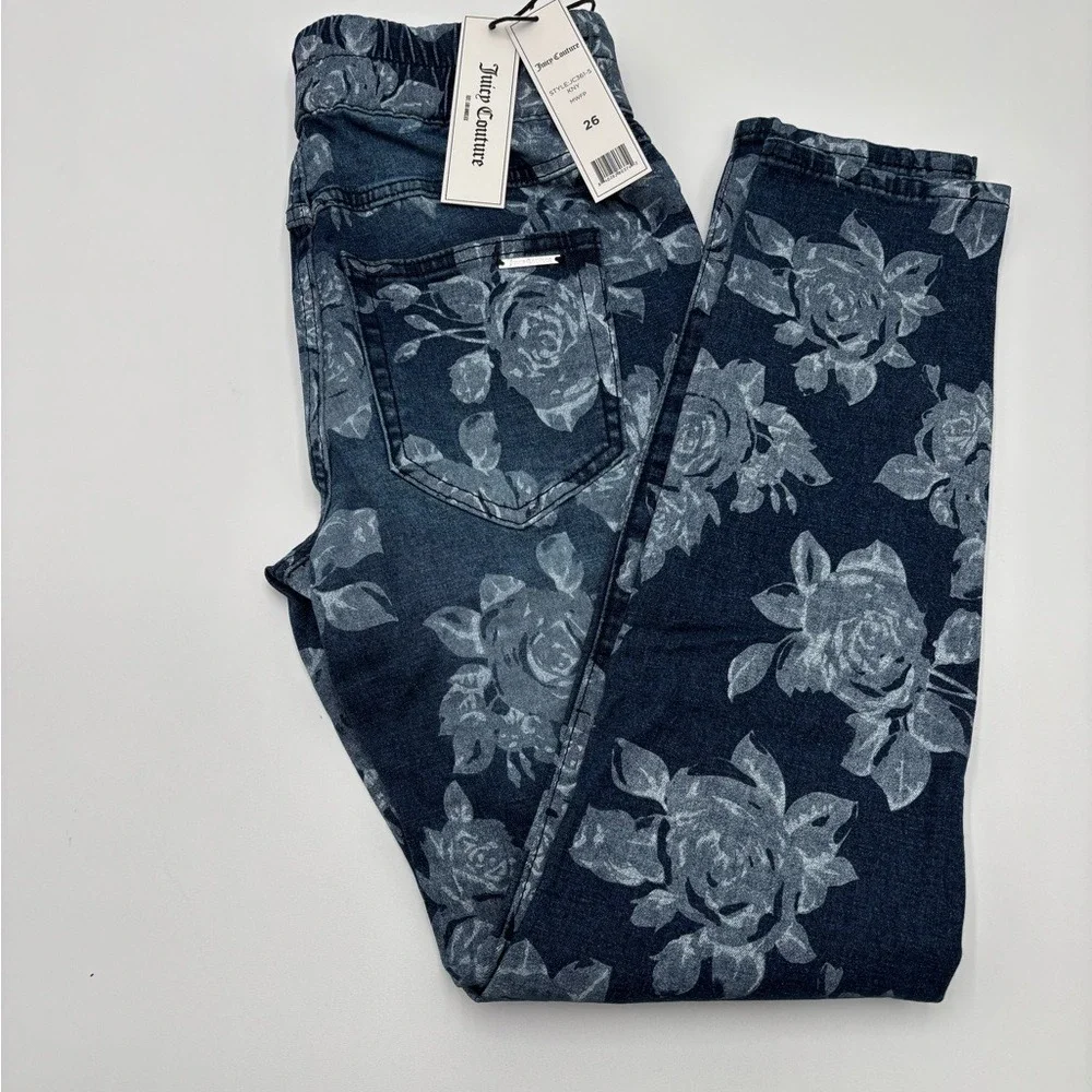 Juicy Couture Laguna Floral Print Jogger Jean Size 26 Blue Pull On Stretch Waist